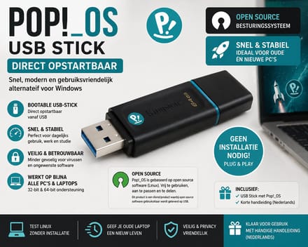 Pop! OS Linux 24.04 LTS USB Stick – Bootable – Direct Opstartbaar – Snel & Gebruiksvriendelijk