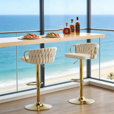 Barstoelen - Set van 2 met Zacht Kussen - Comfortabel - Metaal/Fluweel - Crèmewit