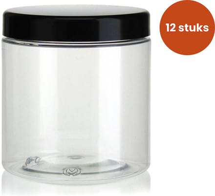 Set van 12 transparante PET bokalen met zwart plastic deksel 750ml