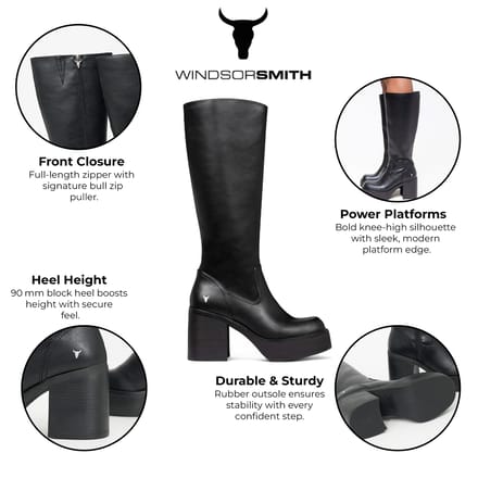 Windsorsmith Dames Zwarte Kunstleren Kniehoge Platform Hak Laarzen - Niche