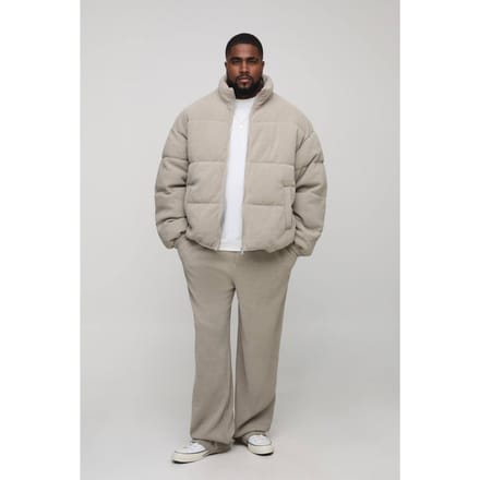 Plus Regular Fit Textured Faux Suede Funnel Neck Puffer Jacket | Grey | Size 2XL
