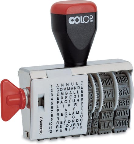 Colop tekststempel met datum woorden: annulé, commandé, emballé, expédié, facturé, livré, payé, réclam...