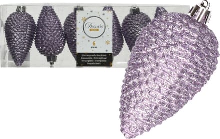 Decoris Kersthangers dennenappels - 6x - lila paars - glitter - 8 cm - kunststof - kerstversiering