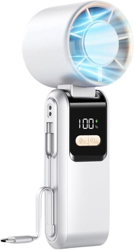VHV - Handventilator - draagbare USB ventilator voor thuis, kantoor en picknick - compact ontwerp met display en instelbare standen - wit ABS 17.2 x 6 x 6 cm