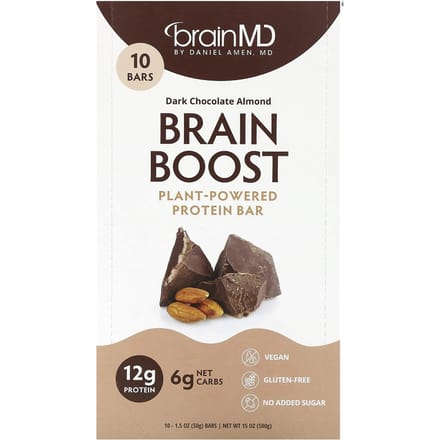 BrainMD, Brain Boost, Barres protéinées végétales, Chocolat noir et amandes, 10 barres, 42 g (50 grammes) Chaque