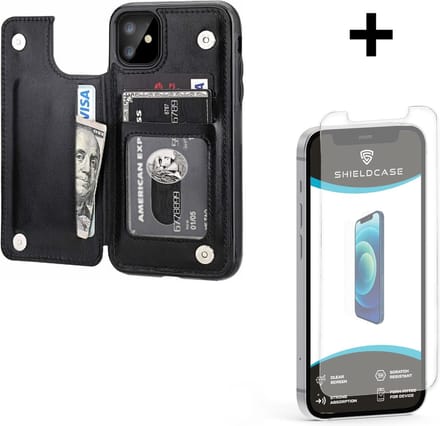 ShieldCase Wallet case geschikt voor Apple iPhone 12 Mini - 5.4 inch - ruimte voor pasjes - pasjeshouder - portemonnee - zwart + glazen Screen Protector