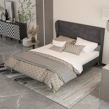 MODFU - Bedframe 160x200 cm – Gestoffeerd met zacht hoofdbord – Metalen frame – Grijs