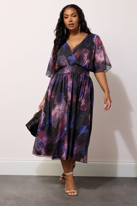 Yours London Midijurk Met Abstracte Print En Elastische Taille In Metallic Zwart Size 46