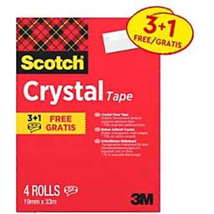 Scotch-plakband Crystal, glanzend, transparant, B 19 mm x L 33 m, 3 rollen + 1 GRATIS