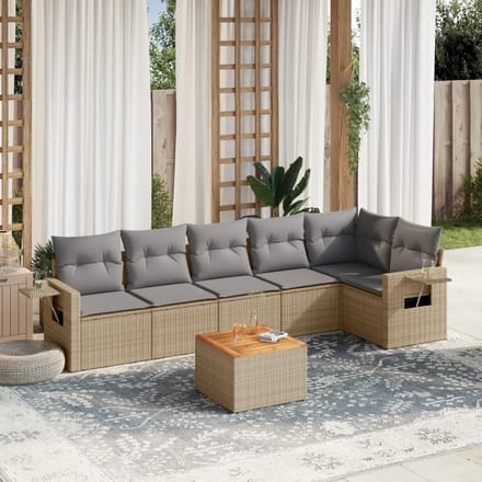 vidaXL - 7-delige - Loungeset - met - kussens - poly - rattan - beige