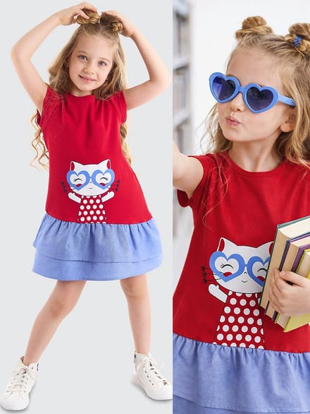 Denokids CFF-22Y2-005 Rode Meisjesjurk met Kattenprint 122