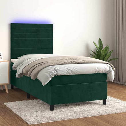 vidaXL - Boxspring - met - matras - en - LED - fluweel - donkergroen - 90x190 - cm