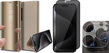 Hoesje geschikt voor iPhone 15 Pro - Privacy Screenprotector FullGuard & Camera Lens Screen Protector - Book Case Spiegel Goud