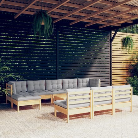 vidaXL - 11-delige - Loungeset - met - grijze - kussens - grenenhout