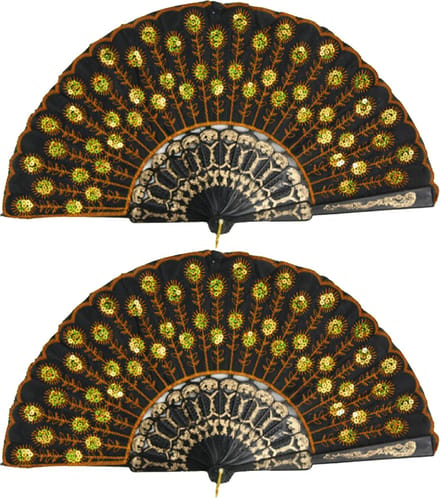 Spaanse handwaaier - 3x - zwart/goud - pailletten - kunststof/polyester - 24 x 44 cm
