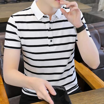 Polo rayé en coton écologique à manches courtes pour l'été 2XL black