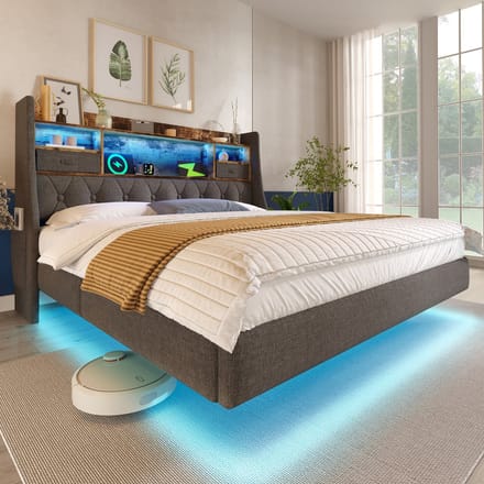 Zwevend Bed - 160x200 cm - LED & Opslag Hoofdbord - met USB Type-C Lader - Linnen - Grijs
