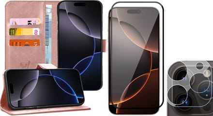 Hoesje geschikt voor iPhone 16 Pro Max - Screenprotector Volledig Dekkend Glas & Camera - Portemonnee Book Case Rosegoud
