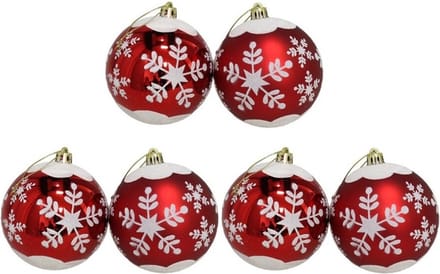 Gerimport Kerstballen - gedecoreerd - 6x st - rood - kunststof - kerstversiering