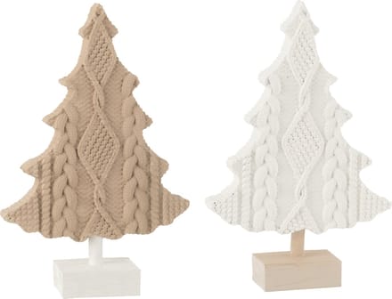 J-Line decoratie Gebreide Kerstboom - polyresin - wit/beige - 2 stuks