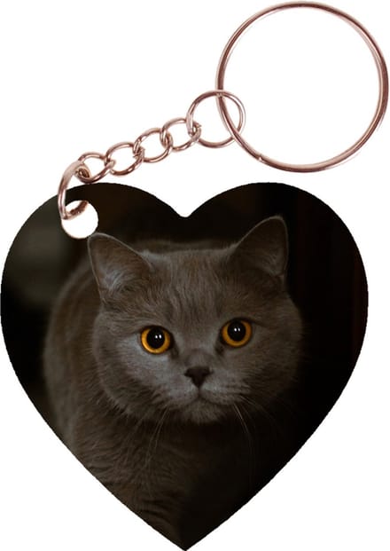 Sleutelhanger hartje 5x5cm - Donkergrijze Poes