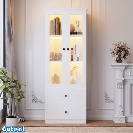 Gutent LED Vitrinekast-Wit Mat-Hoogte 165cm-Met USB Aansluiting-2 Laden-Glazen Vitrinekast-Met Verstelbare Planken-Scharnierende Deur-MDF