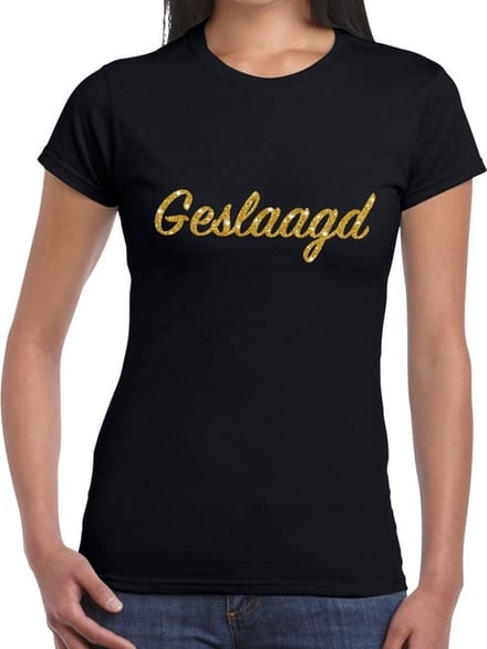 Geslaagd gouden glitter tekst t-shirt zwart dames - dames shirt geslaagd - geslaagd / afgestudeerd kleding M