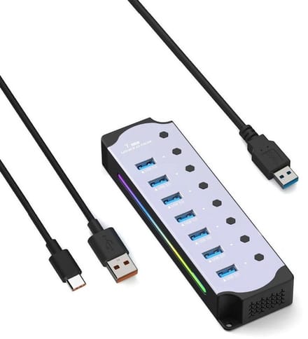 DrPhone DataHub 7 Poorts USB 3.0 Hub – 5Gbps Dataoverdracht – RGB Verlichting – Individuele Schakelaars – DC 5V Voeding