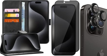 Hoesje geschikt voor iPhone 15 Pro Max - Privacy Screenprotector FullGuard & Camera Lens Screen Protector Zwart - Book Case Kunstleer Pasjeshouder Zwart