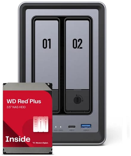 UGREEN NASync DXP2800 + 2x WD Red Plus 4TB HDD - NAS-server 2 bays - Intel N100 Quad core - 8GB DDR5 - Max. 64 TB - M.2, SATA - zwart