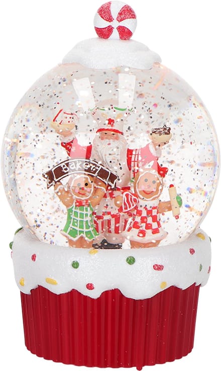 Viv! Christmas Kerst Sneeuwbol incl. LED - Santa's Bakery met Gingerbread Bakkers - automatisch - rood wit - 19cm