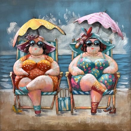 3D Metaal schilderij - Dikke Dames - Op het strand - Vakantie - 1 x 1 meter