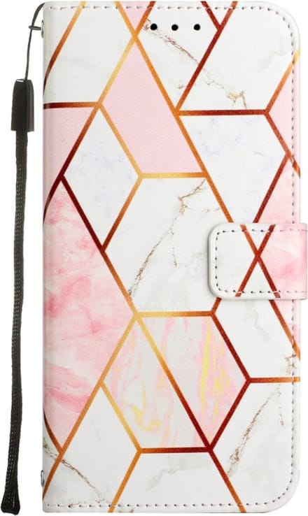 Peachy Rose Marble Wallet kunstleer hoesje geschikt voor iPhone 14 Pro - wit en roze