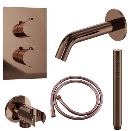 FugaFlow Eccelente Acces Badkraan set - uitloop - 22cm inkortbaar - gladde slang - staafhanddouche - inbouwdeel - wandhouder - geborsteld koper PVD