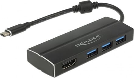 Premium USB-C naar HDMI en 3x USB-A adapter met DP Alt Mode (4K 30 Hz) / zwart - 0,15 meter