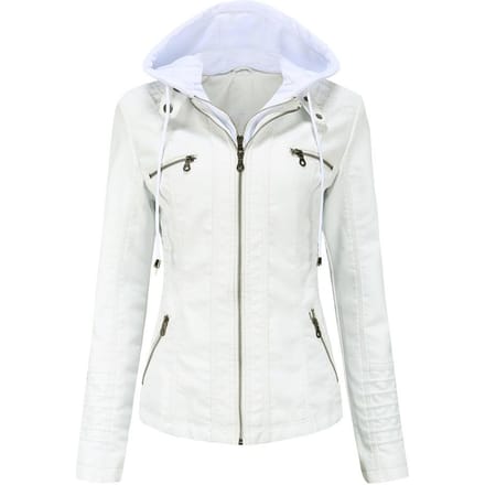 Leren Jas met Capuchon Leren Jas Dames Lente- en Herfstjas Dames PU Gewassen Leer L white