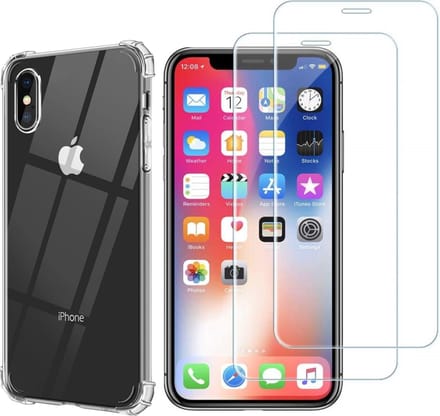 Hoesje voor iPhone X / XS backcover Shockproof siliconen Transparant en 2 stuks Screenprotector Gehard Glas