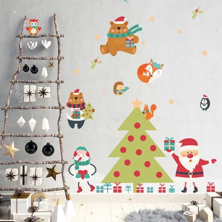 Kerststicker: De Kerstman en de magische kerstboom - Kerststickers - feestversiering - 60x90cm