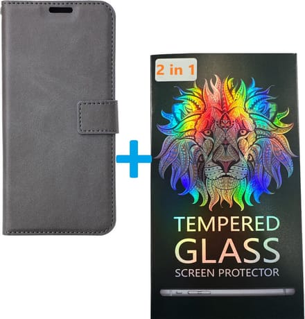 Portemonnee Bookcase Hoesje + 2 Pack Screenprotector Glas Screenprotector Geschikt voor: Oppo A78 5G - Grijs