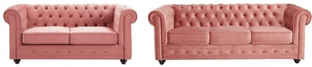Vente-unique Drie- en tweezitsbank van pastelroze velours CHESTERFIELD