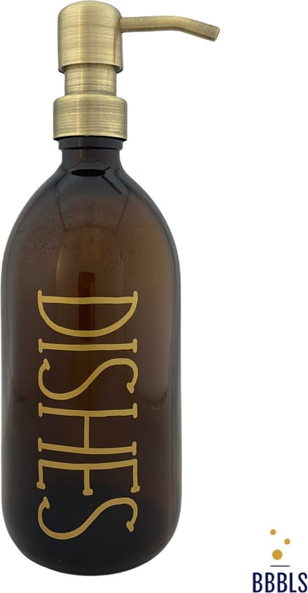 BBBLS® Design Dispenser "Dishes" | Bruin Kunststof | 500ml | RVS / Metaal Pomp Goud | Zeeppomp | Zeepdispenser | Zeephouder