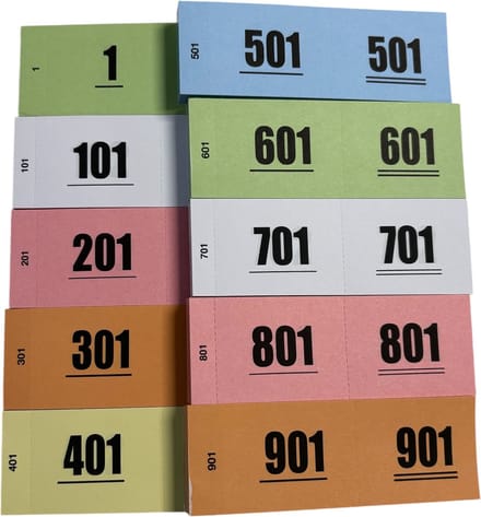 1000 Garderobenummers - gemixte kleuren - Nummerblok - lootjes - 10 blokjes