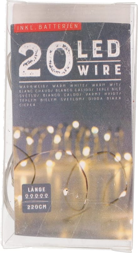 Draadverlichting - zilver- 20 LED - warm wit - 220 cm - kleine batterij houder - 2 stuks