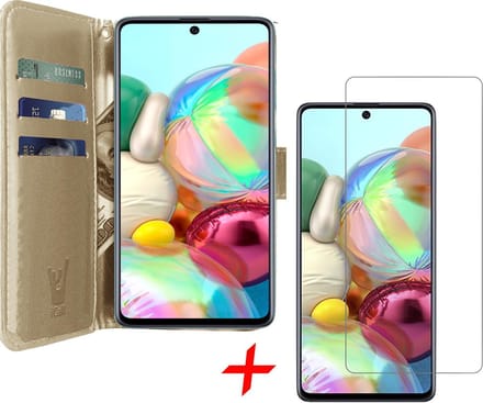 Hoesje geschikt voor Samsung Galaxy A71 - Screen Protector GlassGuard - Book Case Kunstleer Pasjeshouder Goud & Screenprotector