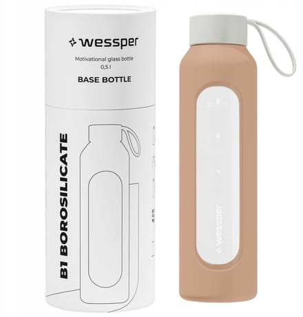Glazen Motivatiefles 500ml – Duurzame Waterfles in Beige