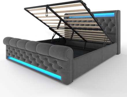 COVREO Bed 140x200 cm grijs, samt, LED en USB-C, opbergruimte, met matras
