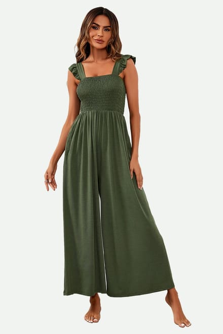 Jumpsuit met bandjes en ruches in olijfgroen