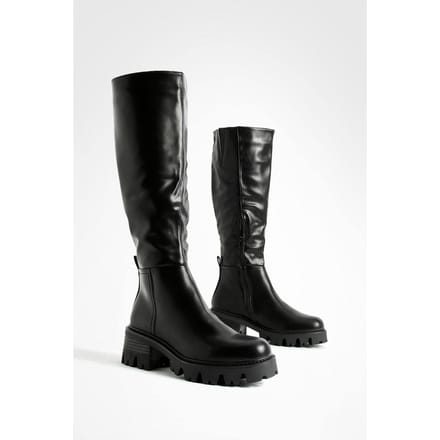 boohoo Dames Lage Hak Chunky Kniehoge Laarzen | Zwart | Maat: 37