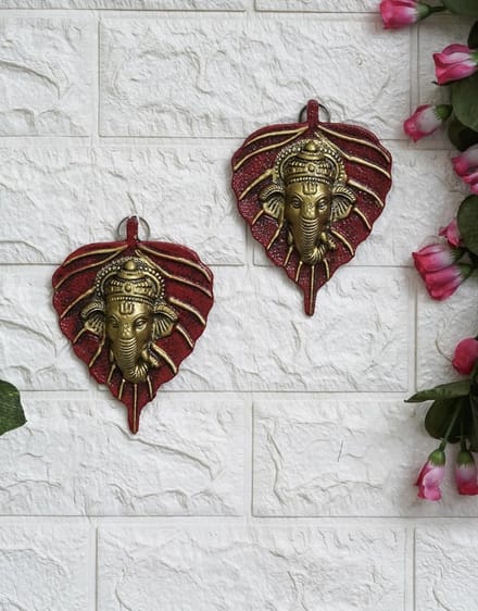 Red & Golden Lord Ganesha Face on leaf Wall Hanging