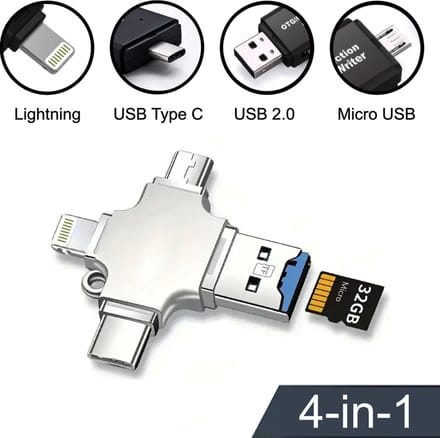 Femur 4-in-1 Micro SD kaart lezer - Geschikt voor Telefoon, PC en Tablet met USB-C, USB 2.0, Micro USB en Lightning aansluiting
